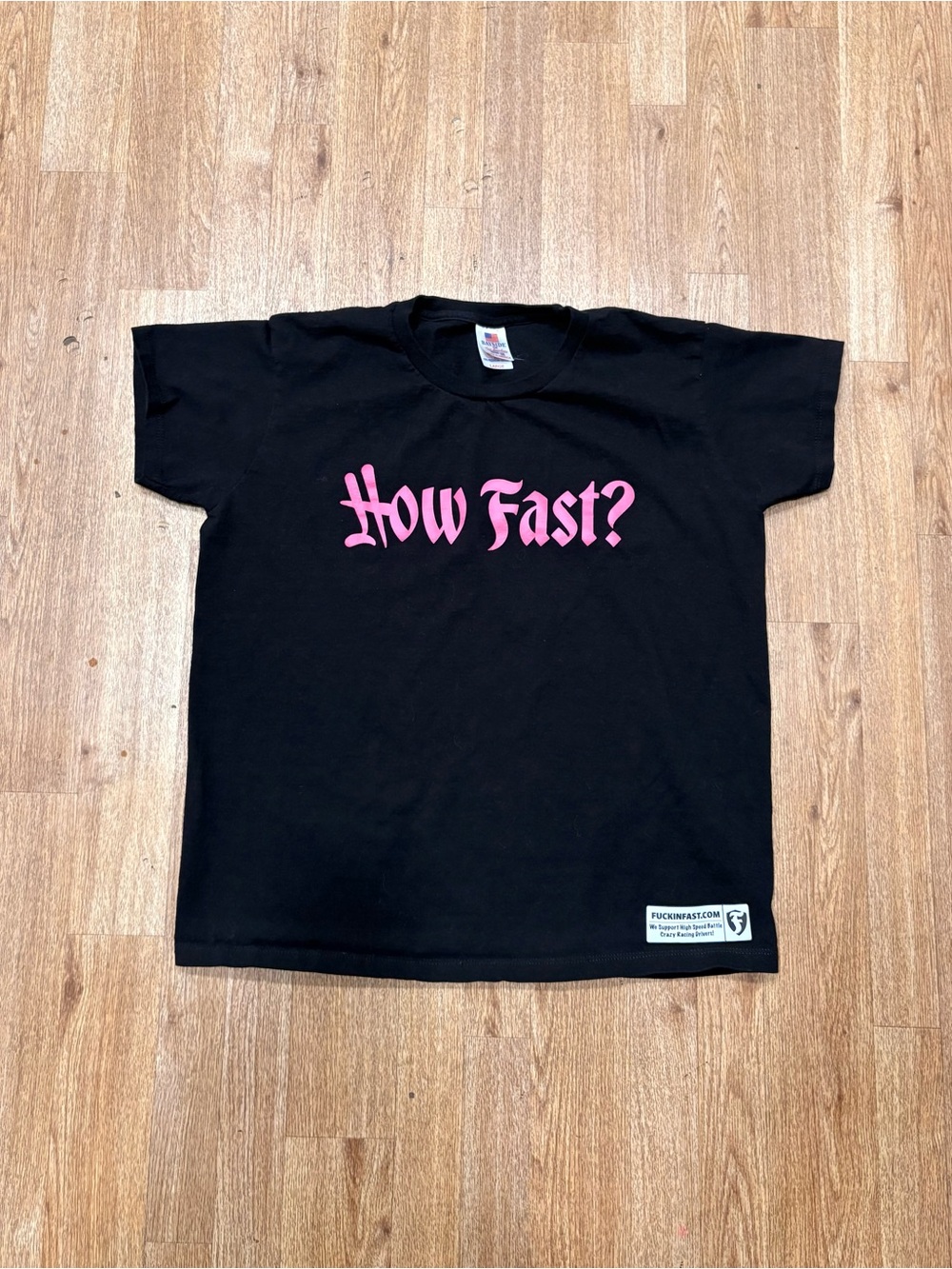 Black Tee with Pink "How Fast?" Graphic